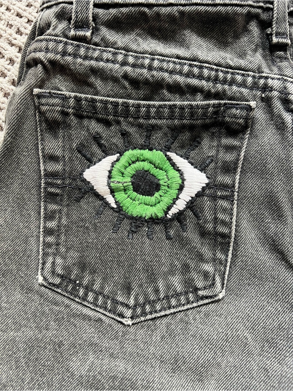 Levi's Gray Jean Shorts with Green & White Eye Embroidery
